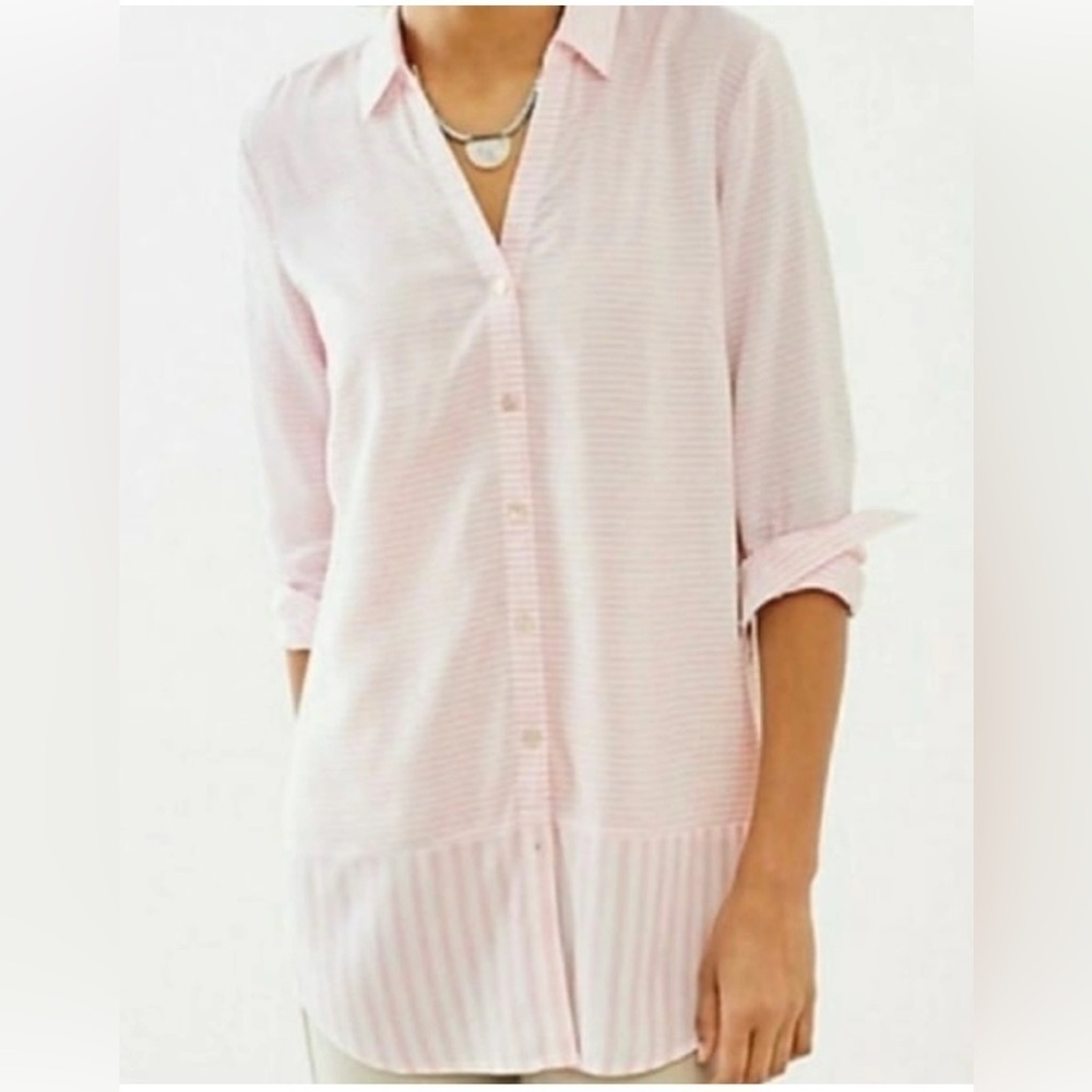 J.Jill Pink White Contrasting Stripe Long Sleeve Button Down Tunic Top Size L‎